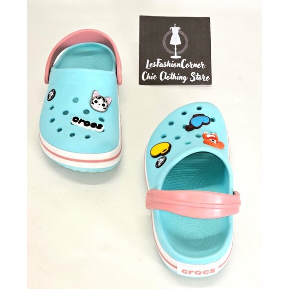 Crocs Junior Ice Blue/Pink Rubber Jibbitz Crocband Clog Size 2 1993 - Picture 9 of 16